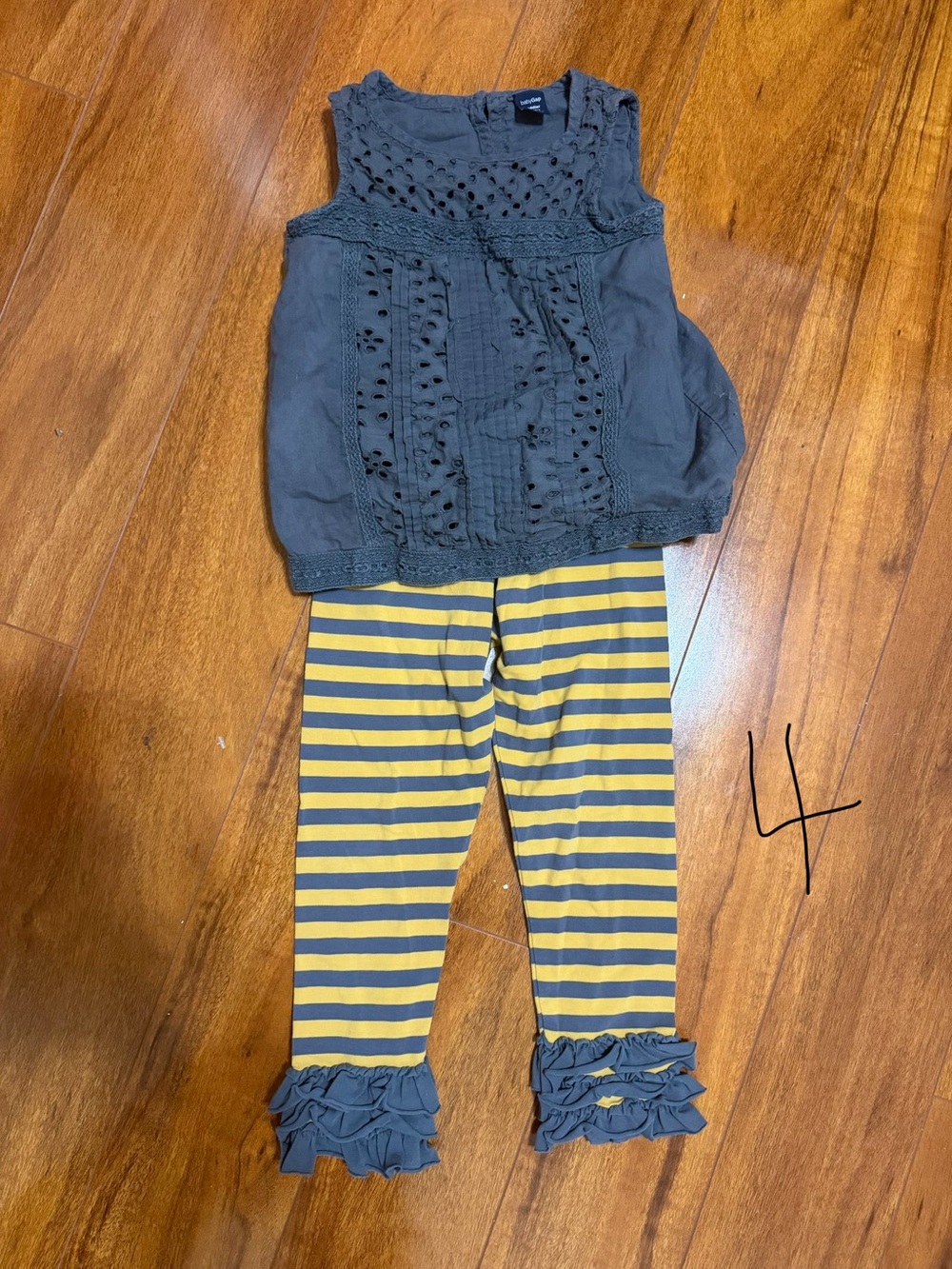 Old Navy Gray Eyelet Top with Matilda Jane Yellow & Gray Striped Ruffle Leggings